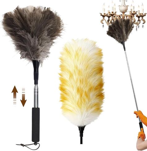 Extendable Ostrich Feather Duster with Bonus Wool Feather Duster Head - Natural Fluffy Non-Slip Handle Feathers Dusters for Cleaning Ceiling Fans, Blinds, Roof Dusting, High Surfaces (18-48 in) in Kuwait