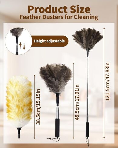 Extendable Ostrich Feather Duster with Bonus Wool Feather Duster Head - Natural Fluffy Non-Slip Handle Feathers Dusters for Cleaning Ceiling Fans, Blinds, Roof Dusting, High Surfaces (18-48 in) in Kuwait