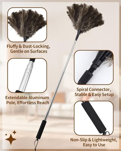 Extendable Ostrich Feather Duster with Bonus Wool Feather Duster Head - Natural Fluffy Non-Slip Handle Feathers Dusters for Cleaning Ceiling Fans, Blinds, Roof Dusting, High Surfaces (18-48 in) in Kuwait
