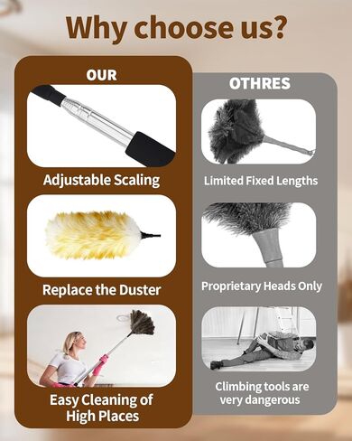 Extendable Ostrich Feather Duster with Bonus Wool Feather Duster Head - Natural Fluffy Non-Slip Handle Feathers Dusters for Cleaning Ceiling Fans, Blinds, Roof Dusting, High Surfaces (18-48 in) in Kuwait
