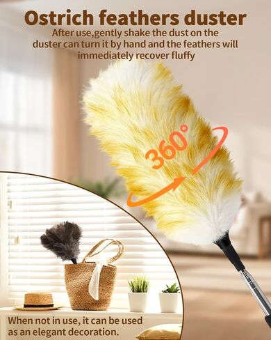 Extendable Ostrich Feather Duster with Bonus Wool Feather Duster Head - Natural Fluffy Non-Slip Handle Feathers Dusters for Cleaning Ceiling Fans, Blinds, Roof Dusting, High Surfaces (18-48 in) in Kuwait