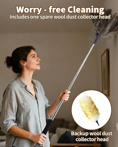 Extendable Ostrich Feather Duster with Bonus Wool Feather Duster Head - Natural Fluffy Non-Slip Handle Feathers Dusters for Cleaning Ceiling Fans, Blinds, Roof Dusting, High Surfaces (18-48 in) in Kuwait