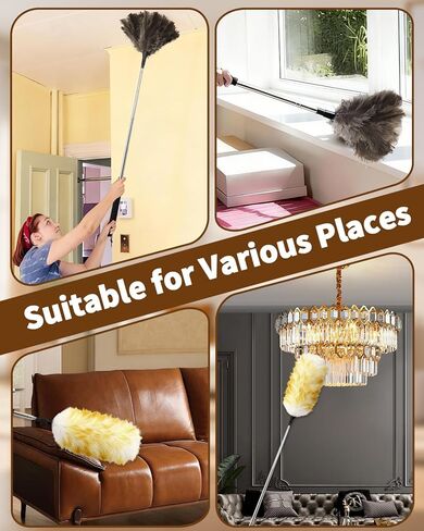 Extendable Ostrich Feather Duster with Bonus Wool Feather Duster Head - Natural Fluffy Non-Slip Handle Feathers Dusters for Cleaning Ceiling Fans, Blinds, Roof Dusting, High Surfaces (18-48 in) in Kuwait