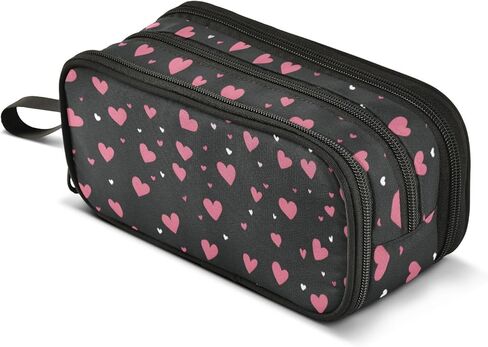 ALAZA Pink Heart Polka Dot Black Pencil Case Large Capacity,Pencil Pouch Office College Large Storage Pen Bag 3 Compartment Pencil Cases for Women Adults Teen in Saudi Arabia