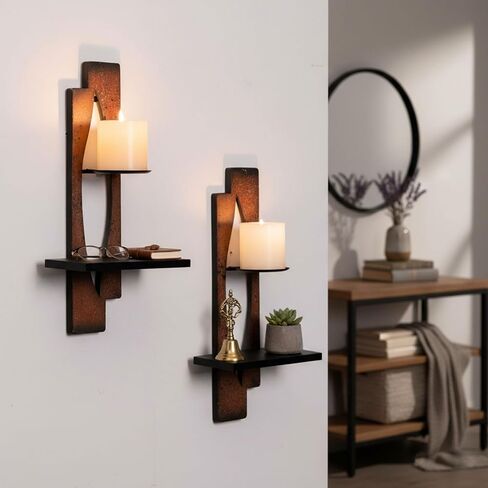 AIM & GGKK Wall Candle Sconce Holder,Set of 2 Rustic Wall Candle Sconce, Metal Double Shelf Design, Copper Brown Finish,for Living Room, Dining Room,Rustic Farmhouse Decorations in Kuwait