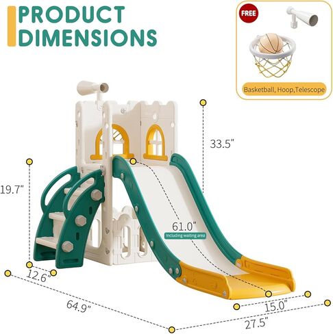 شريحة طفل صغير للأطفال مع طوق كرة سلة متسلق، مساحة تخزين، تلسكوب للأطفال منزلق داخلي للأطفال للعب في الهواء الطلق، ملعب داخلي مطور للأطفال الصغار مع ممر منزلق أوسع وأطول مطور in Kuwait