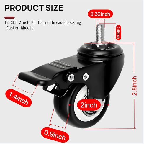 مجموعة عجلات M8 مكونة من 12، عجلات دوارة شديدة التحمل مقاس 2 بوصة مع فرامل مزدوجة وجذع ملولب M8 × 15 مم، سعة 400 رطل للمكتب، ومنضدة العمل، والعربة in Kuwait
