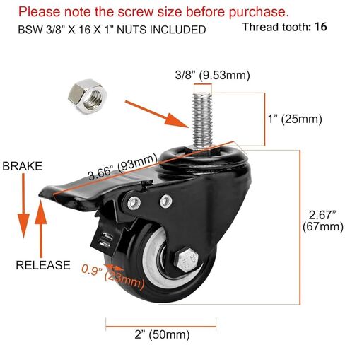 2 Inch Swivel Stem Casters Heavy Duty Double Locking, 600lbs Load Capacity, 3/8-16x1 Threaded Stem Swivel Castors with Brakes, Noiseless, Set of 4 Industrial Castors for Furniture, Carts(Black) in Saudi Arabia