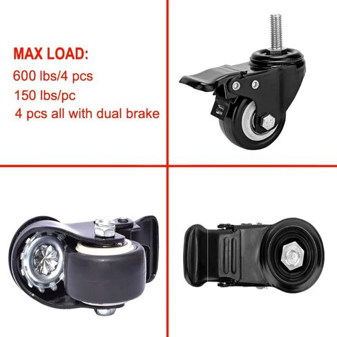 2 Inch Swivel Stem Casters Heavy Duty Double Locking, 600lbs Load Capacity, 3/8-16x1 Threaded Stem Swivel Castors with Brakes, Noiseless, Set of 4 Industrial Castors for Furniture, Carts(Black) in Saudi Arabia