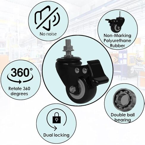 2 Inch Swivel Stem Casters Heavy Duty Double Locking, 600lbs Load Capacity, 3/8-16x1 Threaded Stem Swivel Castors with Brakes, Noiseless, Set of 4 Industrial Castors for Furniture, Carts(Black) in Saudi Arabia