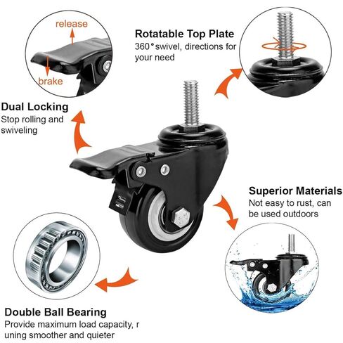 2 Inch Swivel Stem Casters Heavy Duty Double Locking, 600lbs Load Capacity, 3/8-16x1 Threaded Stem Swivel Castors with Brakes, Noiseless, Set of 4 Industrial Castors for Furniture, Carts(Black) in Saudi Arabia
