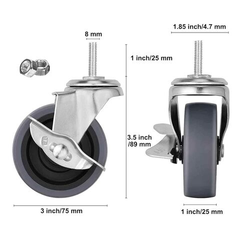 عجلات دوارة مقاس 3 بوصة M8-1.25x25mm عجلات جذعية للقفل عجلات جذعية ملولبة مجموعة عجلات دوارة مكونة من 4 قطع عجلات شديدة التحمل باللون الرمادي in Kuwait
