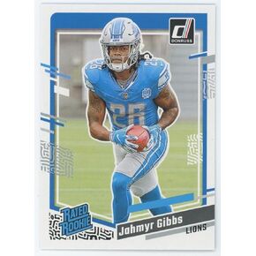 Jahmyr Gibbs 2023 Donruss Football Series Mint RATED ROOKIE Card #331 Picturing this Detroit Lions Star in his Blue Jersey in Kuwait