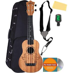 Oscar Schmidt OUN Soprano Ukulele - حزمة الحمامة مع حقيبة الحفلة، والحزام، والموالف، والسلاسل، والدروس عبر الإنترنت، وأقراص DVD التعليمية لأوستن بازار، وقماش التلميع in Kuwait