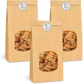 Ocmoiy 100Pcs Medium Bakery Cookie Bags with Window, 4.5x2.36x9.6 Inch Tin Tie Tab Lock Kraft Paper Bags with Thank You Stickers for Cookie, Coffee, Bread in Kuwait