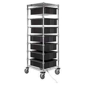 Quantum BC212469M1CO Chrome Mobile Bin Cart with (2) Wire Shelves and (7) Black Divider Bins (DG93060) for Healthcare Food Service and Industrial Applications | 21"W x 24"L x 69"H, Carbon Steel, NSF in Kuwait