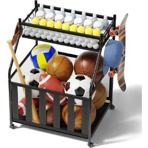 Garage Sports Equipment Organizer with Wheels - Garage Ball Storage with Elastic Rope and 6 Hooks - Home Gym Storage for Basketball Soccer - Outdoor Storage Rack for School Playground (Black) in Kuwait