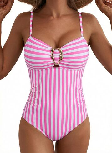 Aleumdr Womens Striped One Piece Swimsuit Tummy Control Bathing Suit with Metal Ring Cutout Swimwear in Saudi Arabia