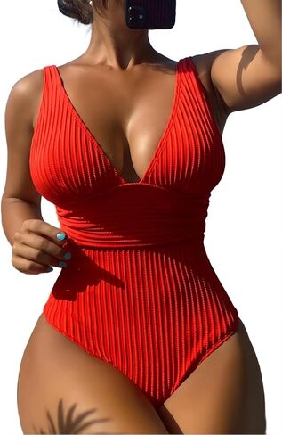 SKAYS One Piece Swimsuit Ribbed V Neck Ruched Tummy Control Bathing Suit Women Beach Vacation Swimwear in Saudi Arabia