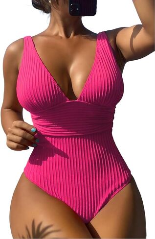 SKAYS One Piece Swimsuit Ribbed V Neck Ruched Tummy Control Bathing Suit Women Beach Vacation Swimwear in Saudi Arabia
