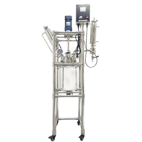 110V Double-Layer Jacketed Glass Reactor Reaction Kettle 10L Chemical Lab Vessel Device for Reaction Distillation with Stainless Steel Support Frame and Wheels Adjustable Speed 0-600RPM in Kuwait