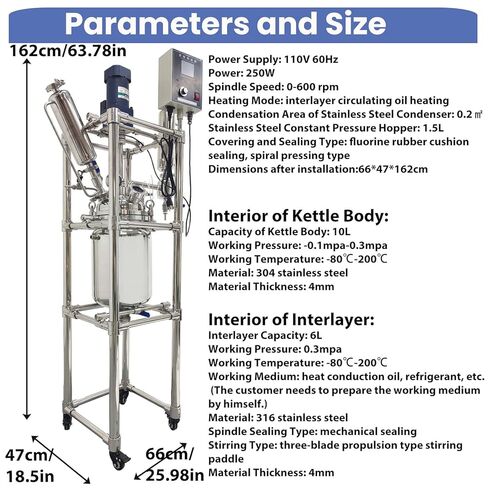 110V Double-Layer Jacketed Glass Reactor Reaction Kettle 10L Chemical Lab Vessel Device for Reaction Distillation with Stainless Steel Support Frame and Wheels Adjustable Speed 0-600RPM in Kuwait