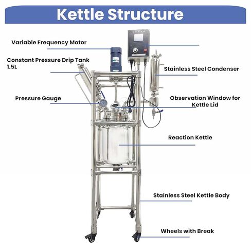 110V Double-Layer Jacketed Glass Reactor Reaction Kettle 10L Chemical Lab Vessel Device for Reaction Distillation with Stainless Steel Support Frame and Wheels Adjustable Speed 0-600RPM in Kuwait
