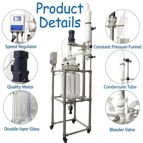 مفاعل مختبر بطبقة مزدوجة 20 لتر مع زجاج بوروسيليليك مرتفع وصمامات PTFE 110 فولت للتحكم في درجة الحرارة الثابتة مختبر زجاجي مفاعل كيميائي وعاء مفاعل مغلف لتقطير تفاعل المختبر in Kuwait