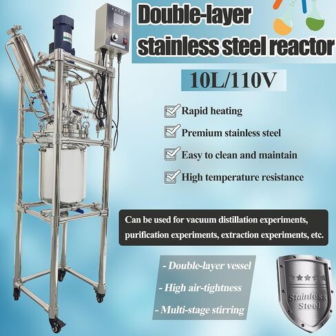 مفاعل زجاجي 316 غلاية تفاعل مزدوجة الطبقة من الفولاذ المقاوم للصدأ سعة 10 لتر وعاء مفاعل مغلف كيميائي مع إطار دعم وشاشة رقمية سرعة قابلة للتعديل لتقطير التفاعل 110 فولت in Kuwait