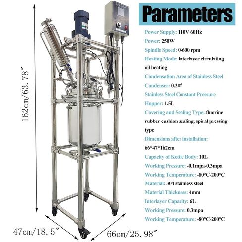 مفاعل زجاجي 316 غلاية تفاعل مزدوجة الطبقة من الفولاذ المقاوم للصدأ سعة 10 لتر وعاء مفاعل مغلف كيميائي مع إطار دعم وشاشة رقمية سرعة قابلة للتعديل لتقطير التفاعل 110 فولت in Kuwait