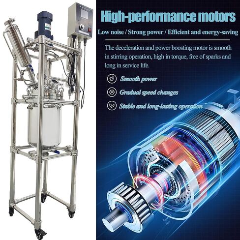 مفاعل زجاجي 316 غلاية تفاعل مزدوجة الطبقة من الفولاذ المقاوم للصدأ سعة 10 لتر وعاء مفاعل مغلف كيميائي مع إطار دعم وشاشة رقمية سرعة قابلة للتعديل لتقطير التفاعل 110 فولت in Kuwait