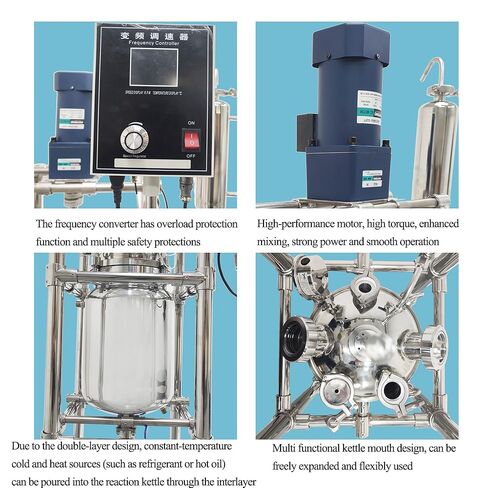 مفاعل زجاجي 316 غلاية تفاعل مزدوجة الطبقة من الفولاذ المقاوم للصدأ سعة 10 لتر وعاء مفاعل مغلف كيميائي مع إطار دعم وشاشة رقمية سرعة قابلة للتعديل لتقطير التفاعل 110 فولت in Kuwait