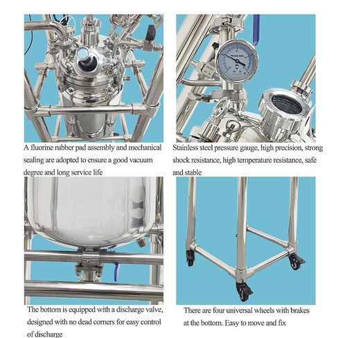 مفاعل زجاجي 316 غلاية تفاعل مزدوجة الطبقة من الفولاذ المقاوم للصدأ سعة 10 لتر وعاء مفاعل مغلف كيميائي مع إطار دعم وشاشة رقمية سرعة قابلة للتعديل لتقطير التفاعل 110 فولت in Kuwait