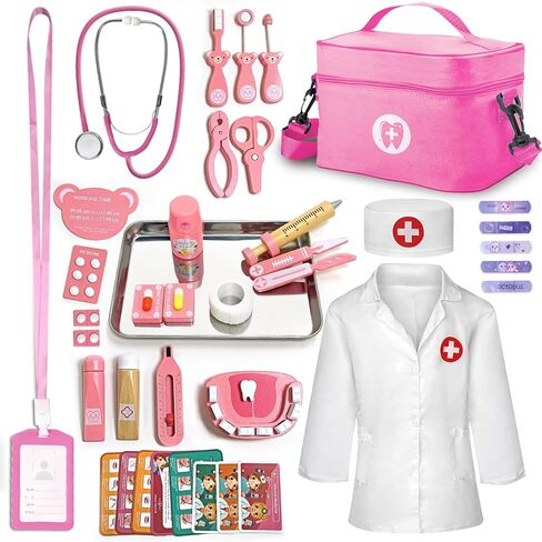 Doctor Kit for Toddlers 3-5, Wooden Kids Dentist Play Set, Doctor Play Set Pretend Play Toys for Toddlers , Realistic Wooden Medical Kit Role Play Set, Gifts for Boys Girls 3+ Years in Kuwait