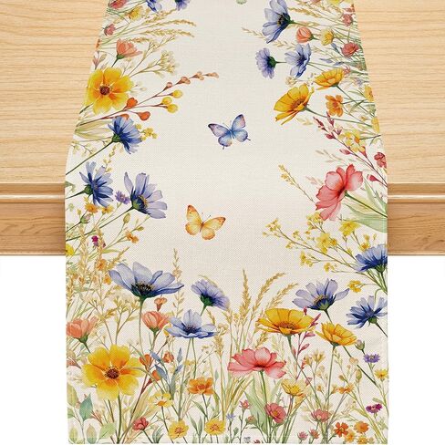 مفرش طاولة سبرين، فراشة زهرة برية ملونة، مفرش ربيعي للطاولة، ألوان مائية موسمية، عطلة الصيف، ديكور المنزل، ديكورات طاولة الطعام، 13 × 72 بوصة in Kuwait