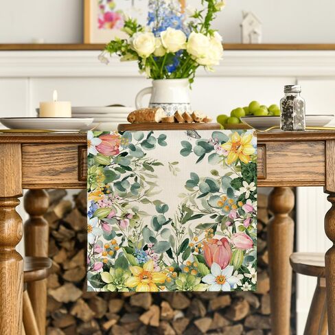 Artoid Mode Bloom Flowers Eucalyptus 210 GSM Spring Table Runner, Seasonal Summer Kitchen Dining Table Decoration for Home Party Decor 13x72 Inch in Saudi Arabia