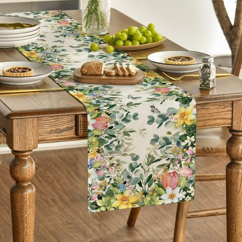Artoid Mode Bloom Flowers Eucalyptus 210 GSM Spring Table Runner, Seasonal Summer Kitchen Dining Table Decoration for Home Party Decor 13x72 Inch in Saudi Arabia