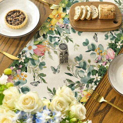 Artoid Mode Bloom Flowers Eucalyptus 210 GSM Spring Table Runner, Seasonal Summer Kitchen Dining Table Decoration for Home Party Decor 13x72 Inch in Saudi Arabia