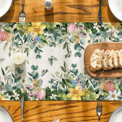 Artoid Mode Bloom Flowers Eucalyptus 210 GSM Spring Table Runner, Seasonal Summer Kitchen Dining Table Decoration for Home Party Decor 13x72 Inch in Saudi Arabia