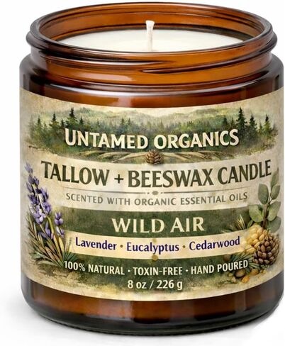 شمعة الشحم التي تتغذى على العشب من Untamed Organics، زيت عطري معطر (خشب الأرز والأوكالبتوس واللافندر)، بدون رائحة صناعية، غير سامة، فتيل قطني 100%، مصبوبة يدويًا، وعاء زجاجي عنبر بسعة 8 أونصة، حرق لأكثر من 50 ساعة in Saudi Arabia