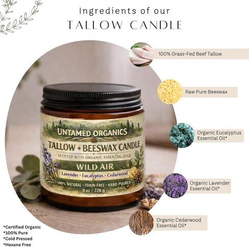 شمعة الشحم التي تتغذى على العشب من Untamed Organics، زيت عطري معطر (خشب الأرز والأوكالبتوس واللافندر)، بدون رائحة صناعية، غير سامة، فتيل قطني 100%، مصبوبة يدويًا، وعاء زجاجي عنبر بسعة 8 أونصة، حرق لأكثر من 50 ساعة in Saudi Arabia