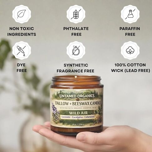 شمعة الشحم التي تتغذى على العشب من Untamed Organics، زيت عطري معطر (خشب الأرز والأوكالبتوس واللافندر)، بدون رائحة صناعية، غير سامة، فتيل قطني 100%، مصبوبة يدويًا، وعاء زجاجي عنبر بسعة 8 أونصة، حرق لأكثر من 50 ساعة in Saudi Arabia