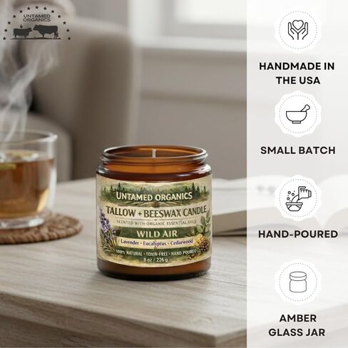 شمعة الشحم التي تتغذى على العشب من Untamed Organics، زيت عطري معطر (خشب الأرز والأوكالبتوس واللافندر)، بدون رائحة صناعية، غير سامة، فتيل قطني 100%، مصبوبة يدويًا، وعاء زجاجي عنبر بسعة 8 أونصة، حرق لأكثر من 50 ساعة in Saudi Arabia