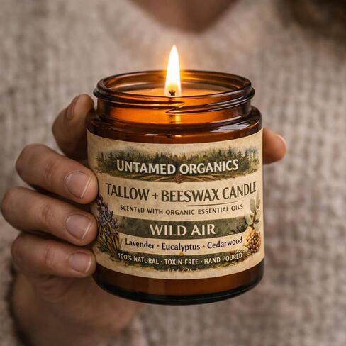 شمعة الشحم التي تتغذى على العشب من Untamed Organics، زيت عطري معطر (خشب الأرز والأوكالبتوس واللافندر)، بدون رائحة صناعية، غير سامة، فتيل قطني 100%، مصبوبة يدويًا، وعاء زجاجي عنبر بسعة 8 أونصة، حرق لأكثر من 50 ساعة in Saudi Arabia