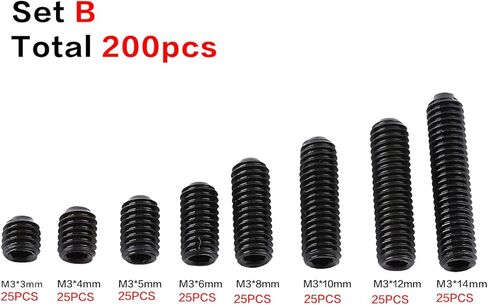 200 Pcs Set Screw Assortment Kit,M3 M4 M5 M6 M8 Black Stainless Steel Hex Allen Head Socket Cup Point Grub Screw Hex Allen Head Socket Set Screw Assortment Kit for Home in Kuwait
