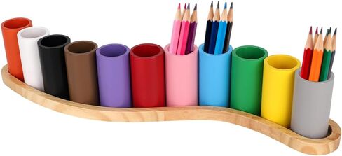 Wooden Colored Pencil Holder, Montessori Crayon Organizer 11 Movable Compartments Pen Cups Holder Creative Crayon Storage Organizer Marker Holder for Kids Desk Office Home School Supply in Kuwait