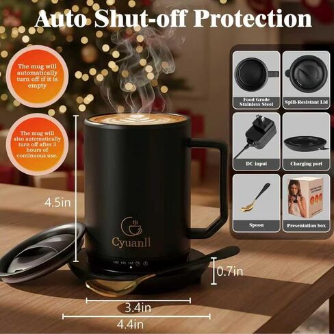 كوب القهوة المسخن مع وظيفة الإغلاق التلقائي ، والقدح في درجة حرارة التسخين الذاتي مع الغطاء والملعقة ، والقدح الذكية أكثر دفئا للقهوة ، و 3 بيئات درجات الحرارة ، والهدايا للرجال والنساء (أسود 12 أوقية) in Kuwait