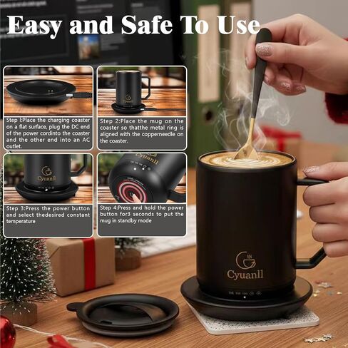 كوب القهوة المسخن مع وظيفة الإغلاق التلقائي ، والقدح في درجة حرارة التسخين الذاتي مع الغطاء والملعقة ، والقدح الذكية أكثر دفئا للقهوة ، و 3 بيئات درجات الحرارة ، والهدايا للرجال والنساء (أسود 12 أوقية) in Kuwait