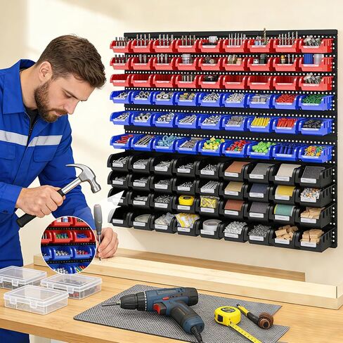 90 قطعة من صناديق التخزين البلاستيكية المثبتة على الحائط، منظم لأجزاء الصواميل وصناديق البراغي لمتجر المرآب للبراغي والصواميل والمسامير والأظافر والخرز وأجزاء الأجهزة الصغيرة، أحمر، أزرق، أسود in Kuwait