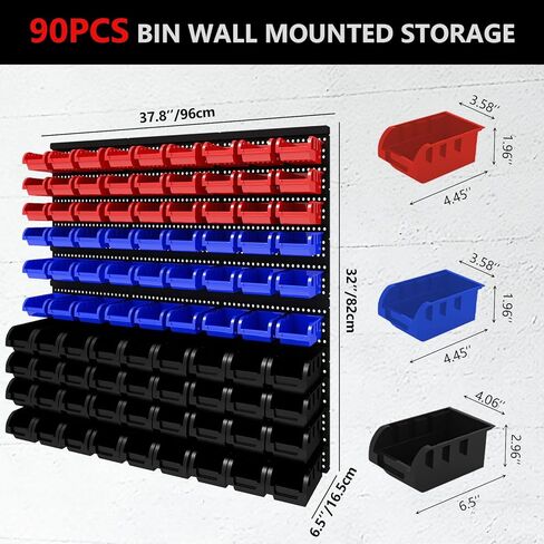 90 قطعة من صناديق التخزين البلاستيكية المثبتة على الحائط، منظم لأجزاء الصواميل وصناديق البراغي لمتجر المرآب للبراغي والصواميل والمسامير والأظافر والخرز وأجزاء الأجهزة الصغيرة، أحمر، أزرق، أسود in Kuwait